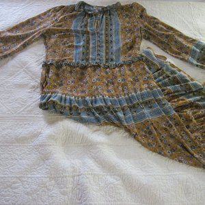 Anthropologie Current Air Dress L Brown/Blue Floral Maxi Long Sleeve